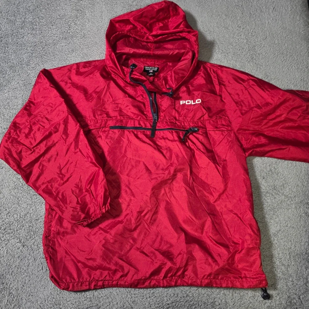 Polo Jeans Co Ralph Lauren Mens M Windbreaker Red Quarter Zip Hooded Anorak